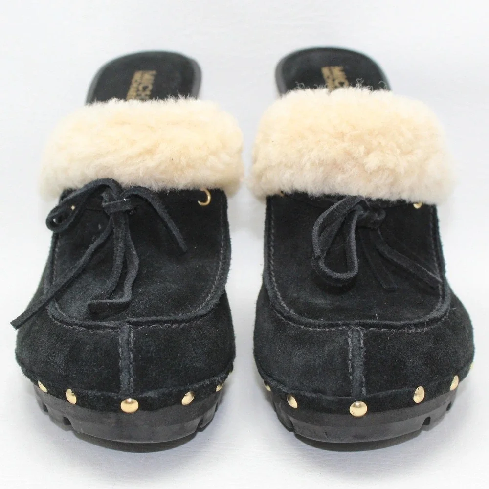 Michael Kors Black Suede‎ Shearling Trim Studded Platform Clogs Heels 8.5M NWOB